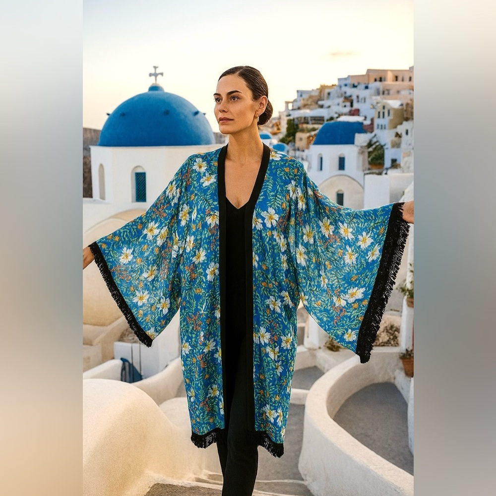 🧵 HANDMADE (by me!) Floral Blue Polka Dot Sheer Kimono Duster L/XL